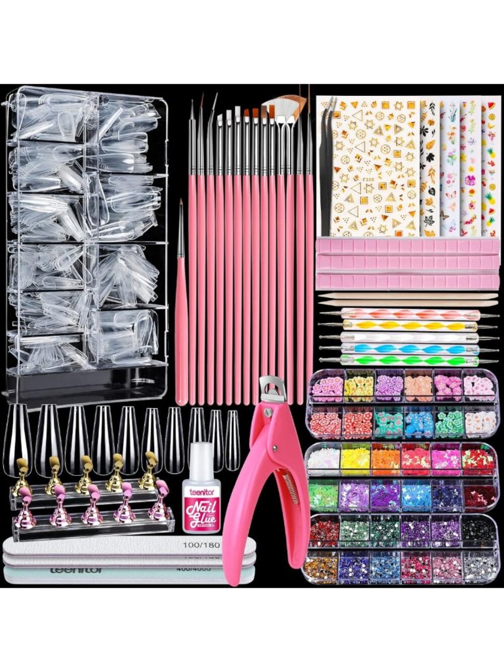 Acrylic Press-On Nail Kit with Coffin Tips, Nail Art Brushes, Glitter